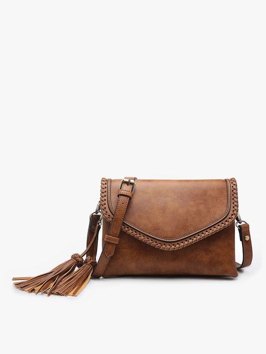Brown Sloane Flapover Crossbody w/ Whipstitch and Tassel