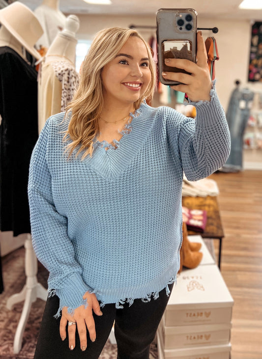 Spring Blue Distressed Sweater