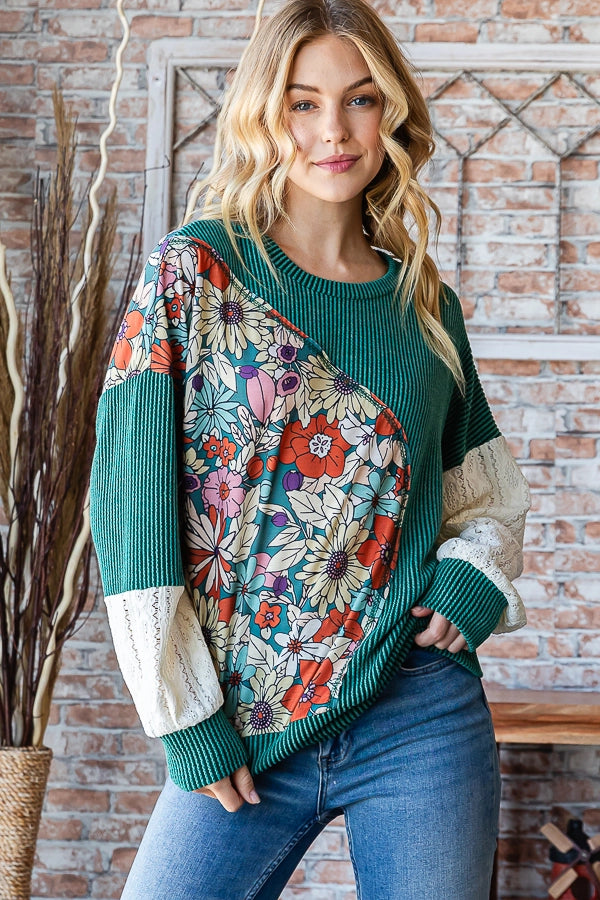 Floral Colorblock with Lace detail Long Sleeve Top