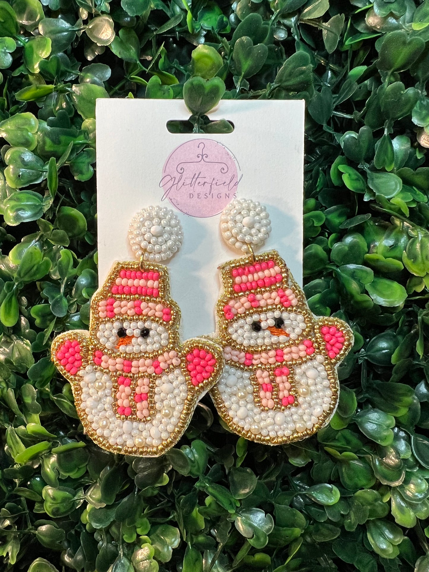 Pink Snowman Seed Bead Earrings