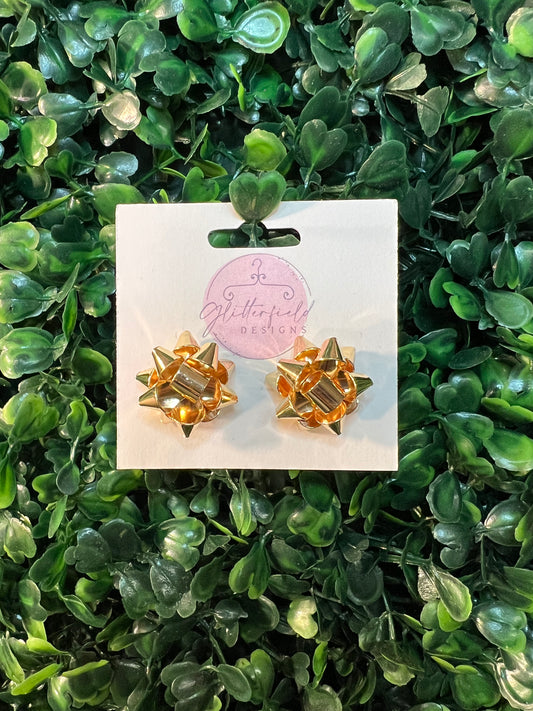 Gold Metal Gift Bow Earrings