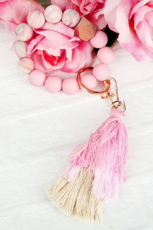 Pink Marble Tiered Tassel Beaded Bracelet Keychain