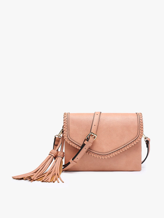 Apricot Sloane Flapover Crossbody w/ Whipstitch and Tassel