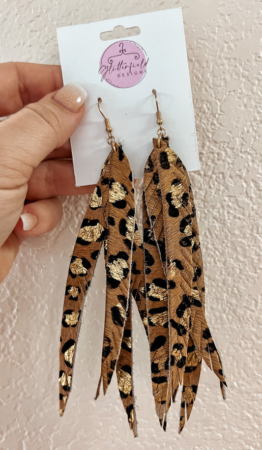 Leopard Gold Faux Leather Extra Long Earrings