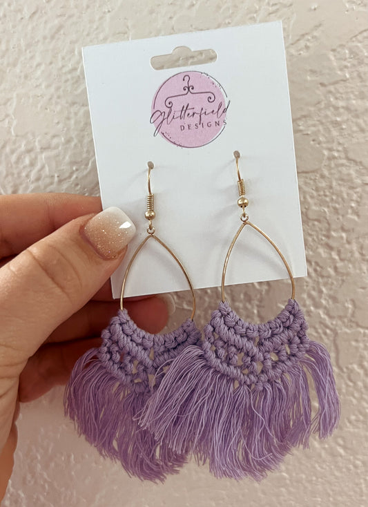 Lavender Gold Teardrop with Long Tassel Earrings