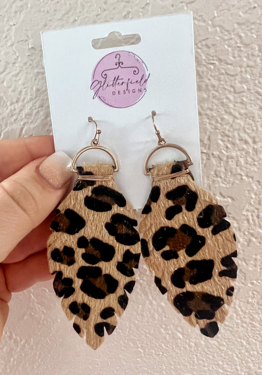 Leopard Gold Leather Feathered Earrings