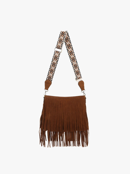 Brown Suede Fringe Crossbody w/ Guitar Strap