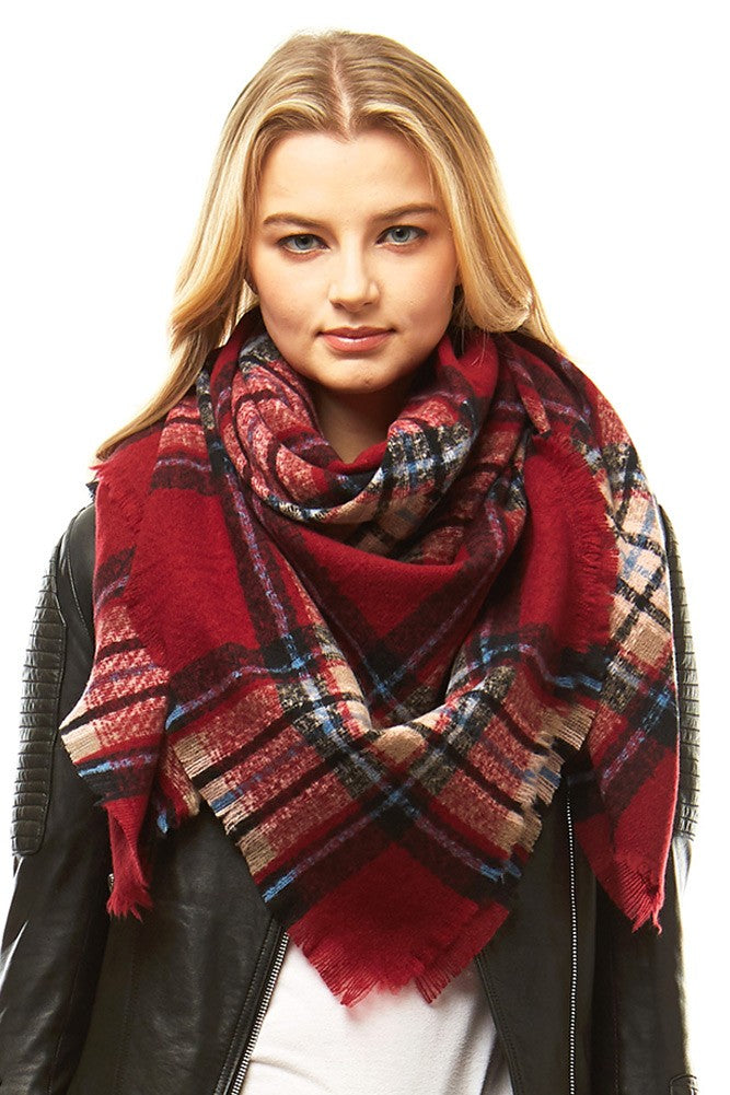 Burgundy Oversized Plaid Blanket Scarf