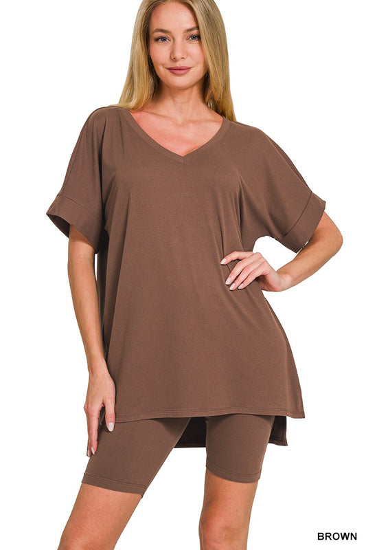 Brown V-Neck Top & Bike Shorts Set