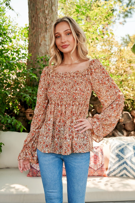 Fall Floral Smocked Long Sleeve Blouse