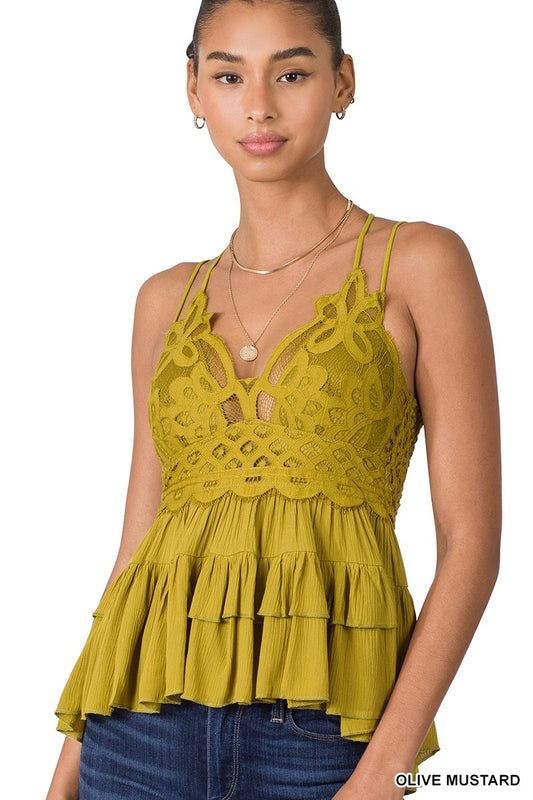 Olive Mustard Lace Crochet Tank