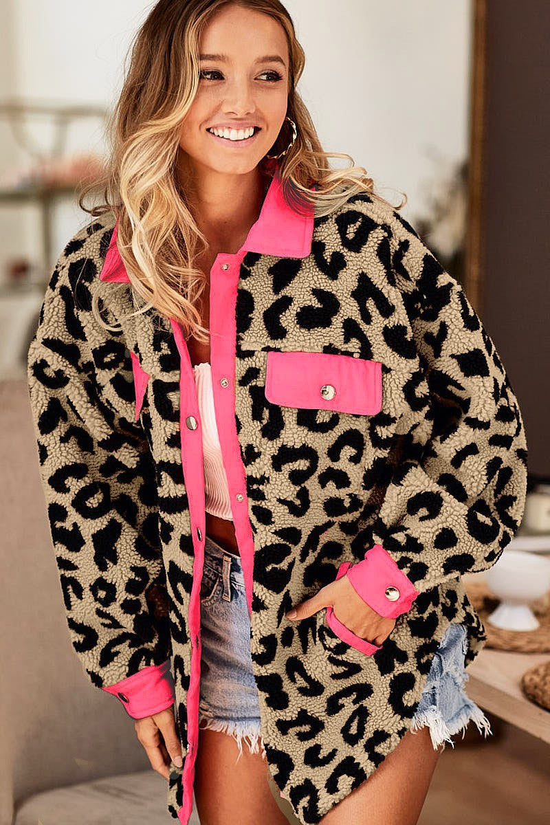 Leopard Neon Pink Button Down Jacket