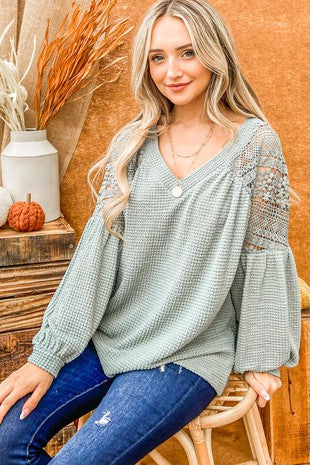 Sage Laced Shoulder and Back Waffle Top