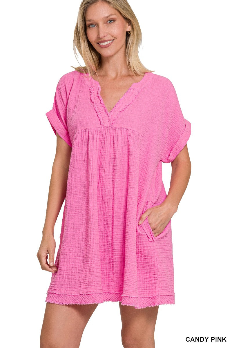 Candy Pink Gauze Raw Edge Dress