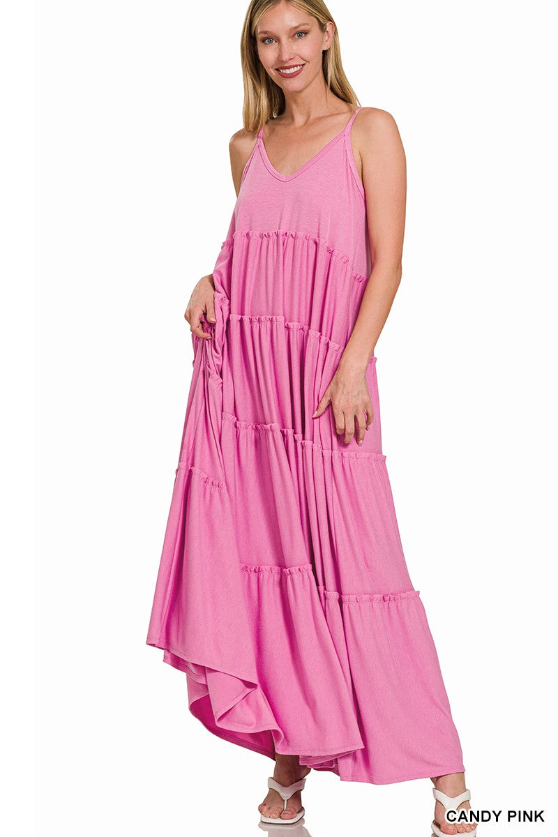 Candy Pink V-Neck Tiered Ruffle Maxi Dress