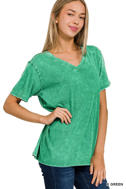 Kelly Green Acid Wash V-Neck Short Sleeve