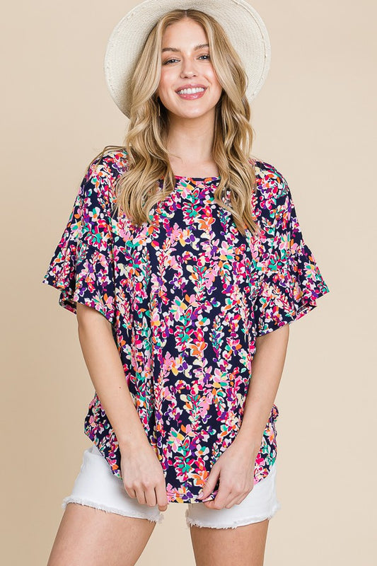 Navy Beach Floral Peplum Short Sleeve Top