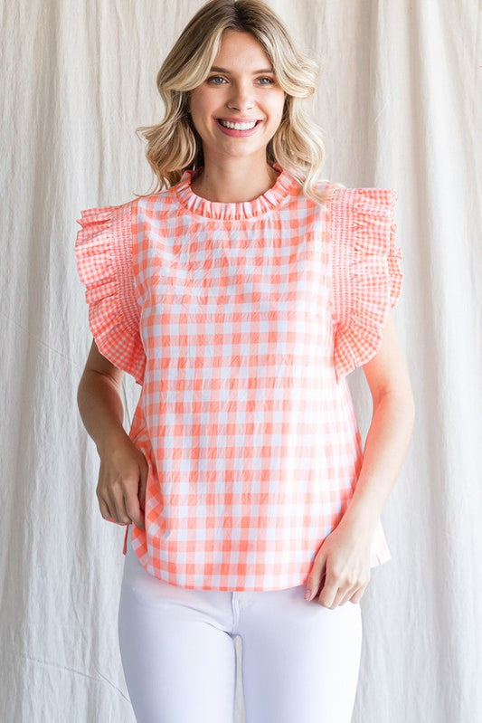 Orange Gingham-Check Ruffled Shoulder Top