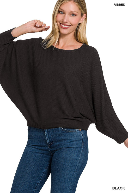 Black Ribbed Batwing Sleeve Lightweight Sweater