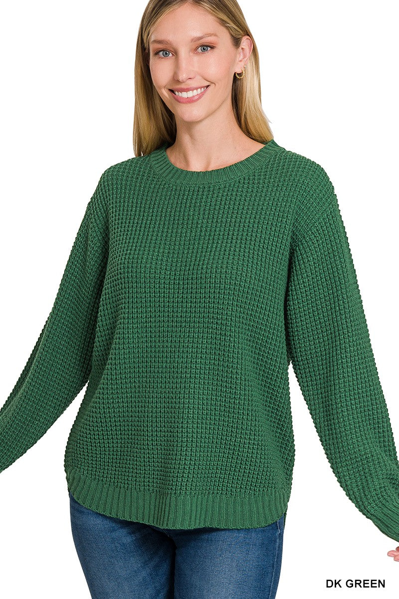 Dark Green Round Neck Waffle Sweater