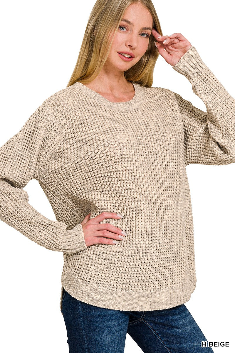 Heather Beige Round Neck Waffle Sweater