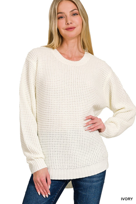 Ivory Round Neck Waffle Sweater