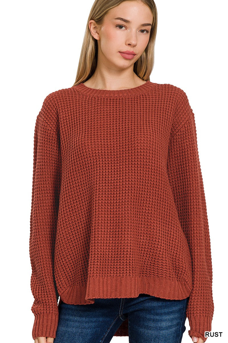 Rust Round Neck Waffle Sweater