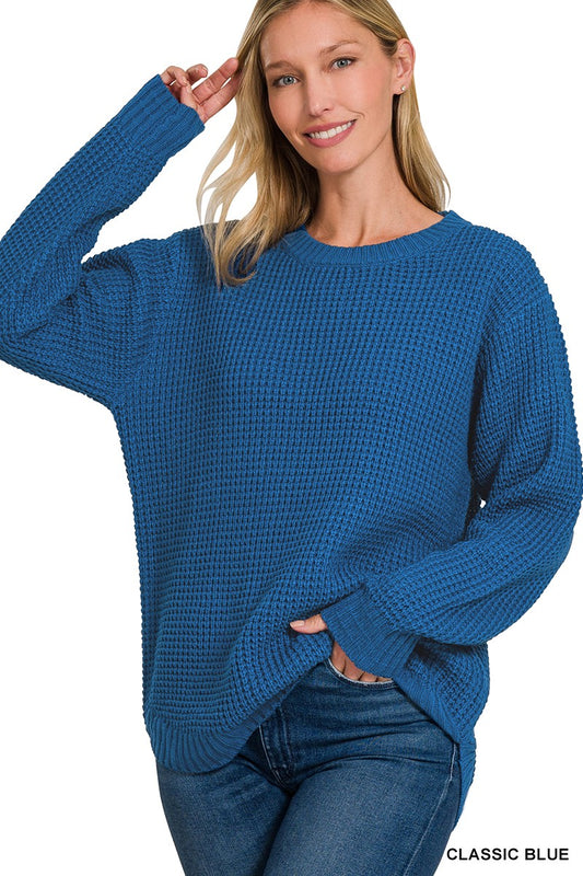 Classic Blue Round Neck Waffle Sweater