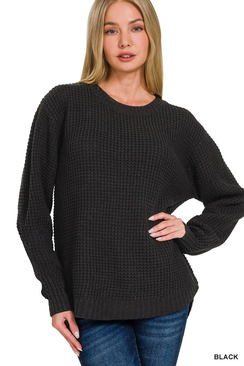 Black Round Neck Waffle Sweater