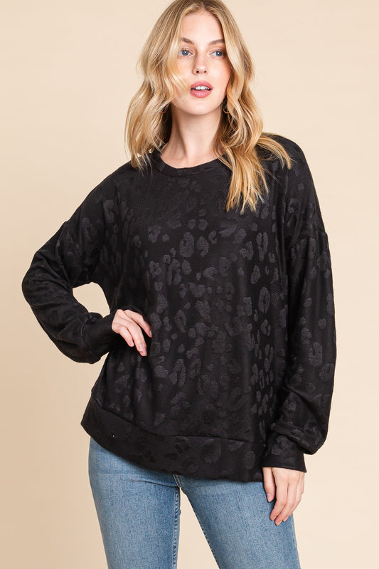 Black Leopard Textured Long Sleeve Top