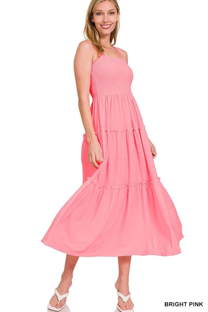 Bright Pink Smocked Tiered Ruffle Maxi Dress