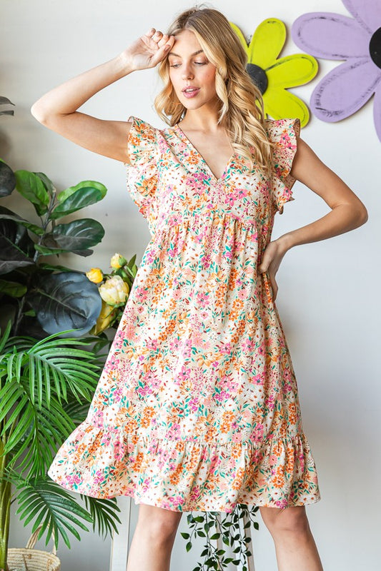 Sand Floral Babydoll Short Sleeve Dress