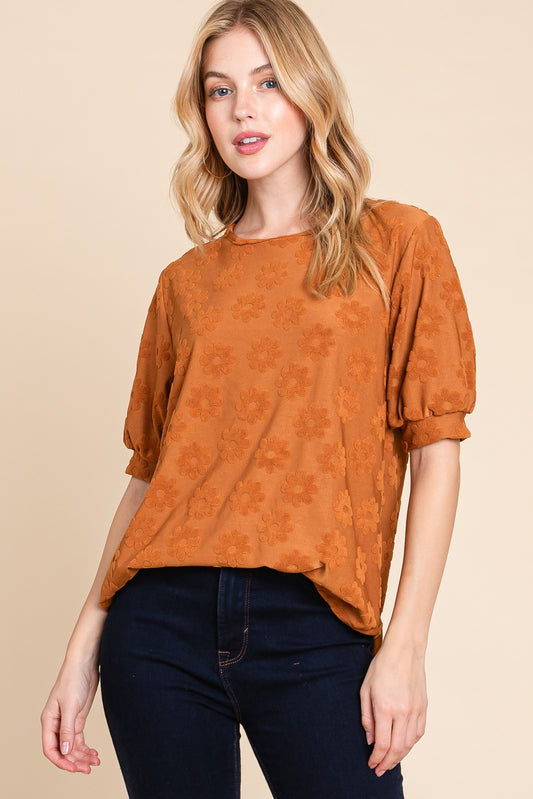 Camel Floral Textured Short Sleeve Top