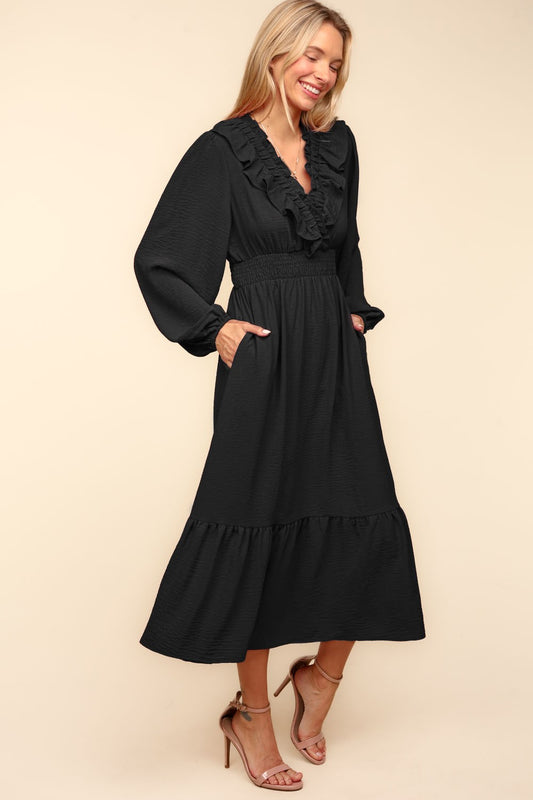 Black V Neck Ruffle Maxi Long Sleeve Dress