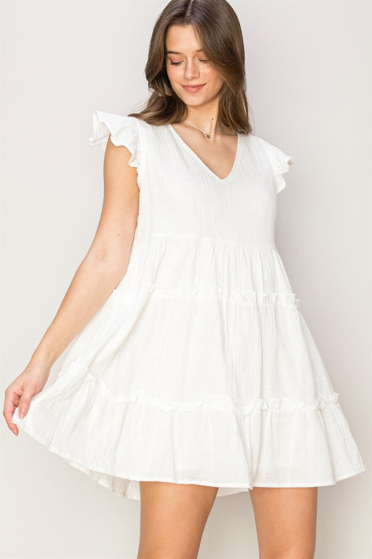 White Double Gauze Tiered Mini Dress