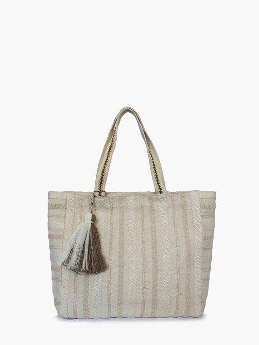 Beige Striped Cotton Tote w/ Tassel - Jen & Co