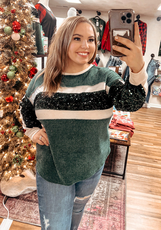 Hunter Green Sequin Colorblock Front Long Sleeve