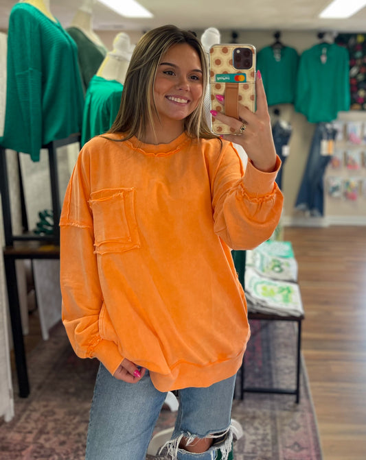 Bright Orange French Terry Acid Wash Pocket Pullover