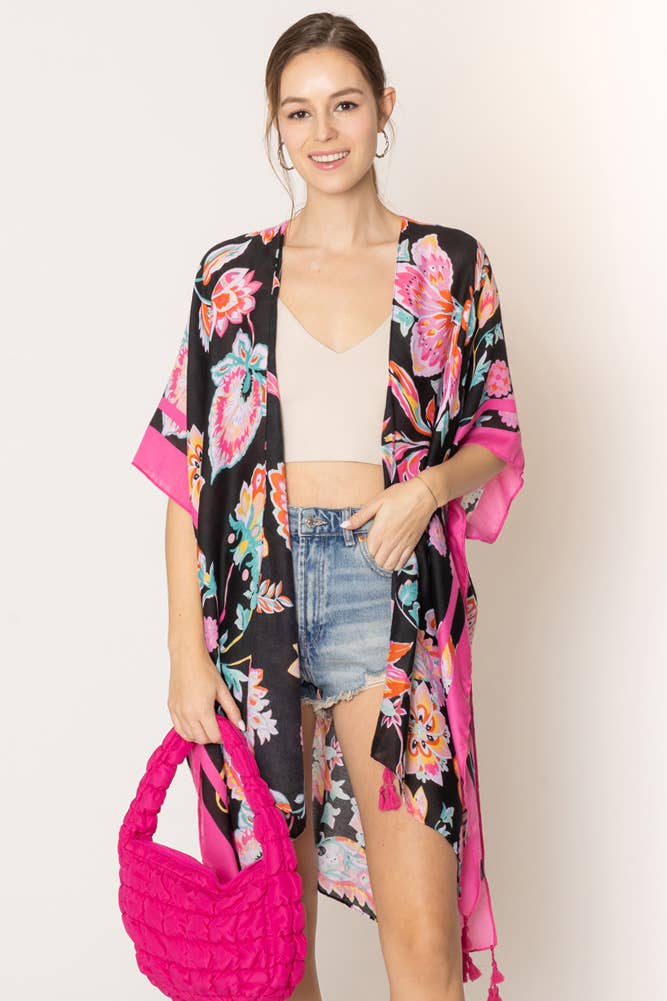 Black Floral Print Stripe Edge Tassel Kimono