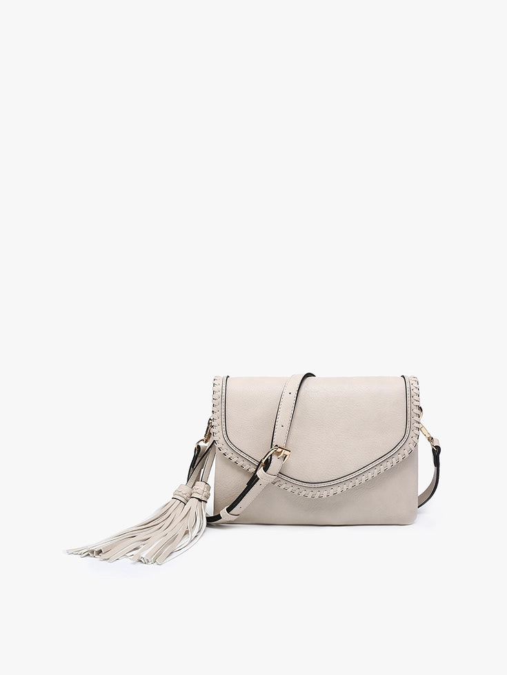 Greige Sloane Flapover Crossbody w/ Whipstitch and Tassel