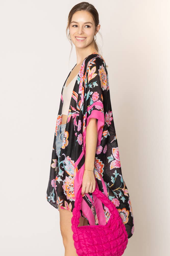 Black Floral Print Stripe Edge Tassel Kimono