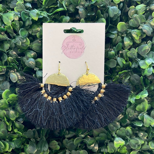 Black & Gold Fringe Fan Earrings