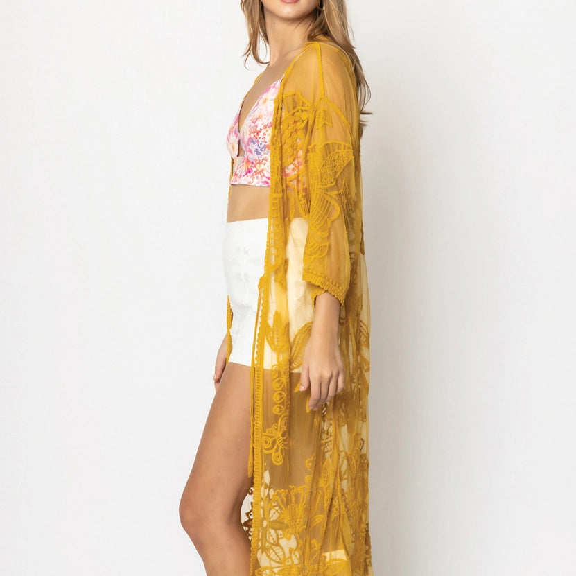 Mustard yellow lace kimono best sale