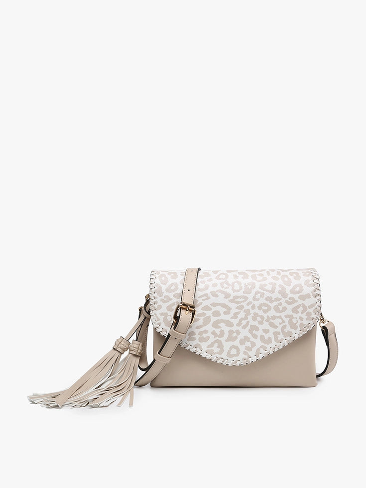 Beige Cheetah Sloane Flapover Crossbody w/ Whipstitch and Tassel