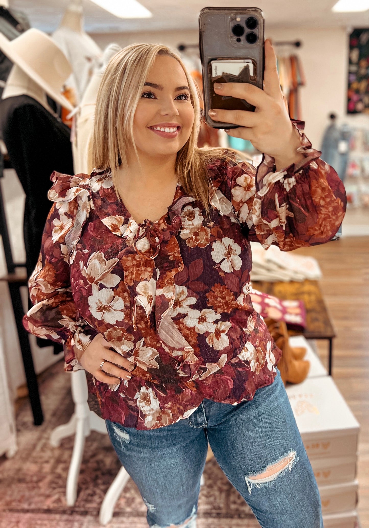 Plum Floral Shimmer Long Sleeve Blouse