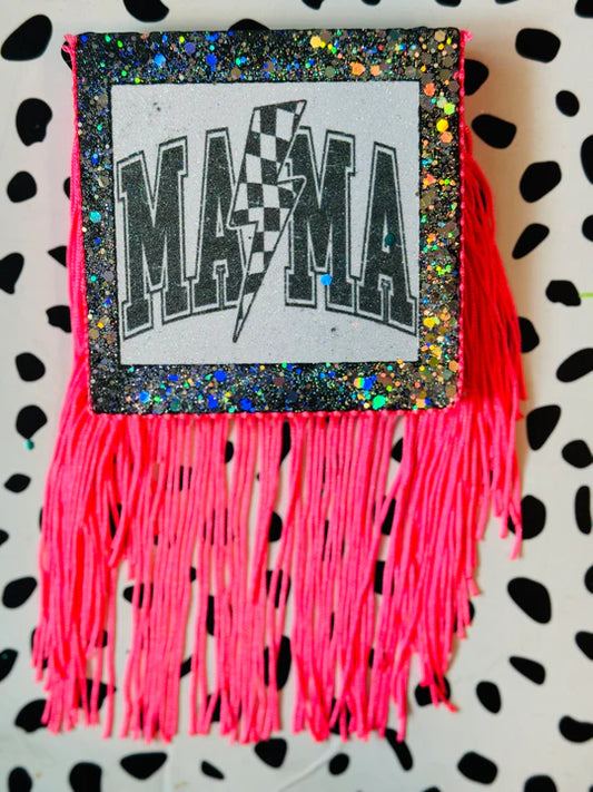 Mama Checkered Bolt Square Freshie with Hot Pink Fringe