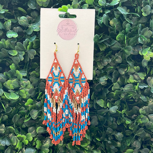 Aztec Orange & Blue Fringe Bead Earrings