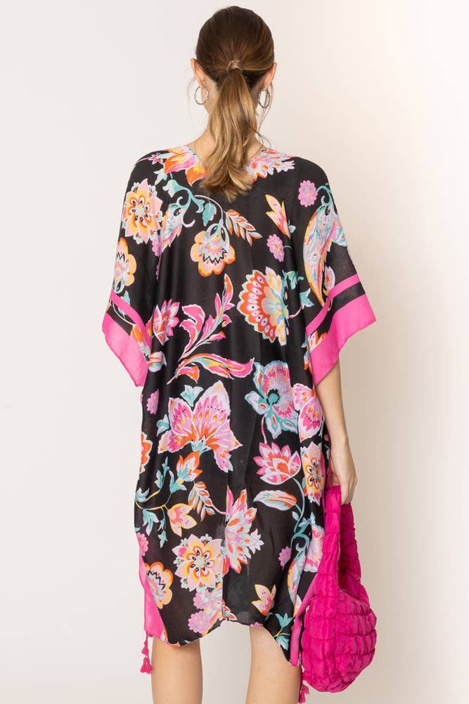 Black Floral Print Stripe Edge Tassel Kimono