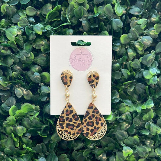 Cheetah & Gold Teardrop Dangle Earrings