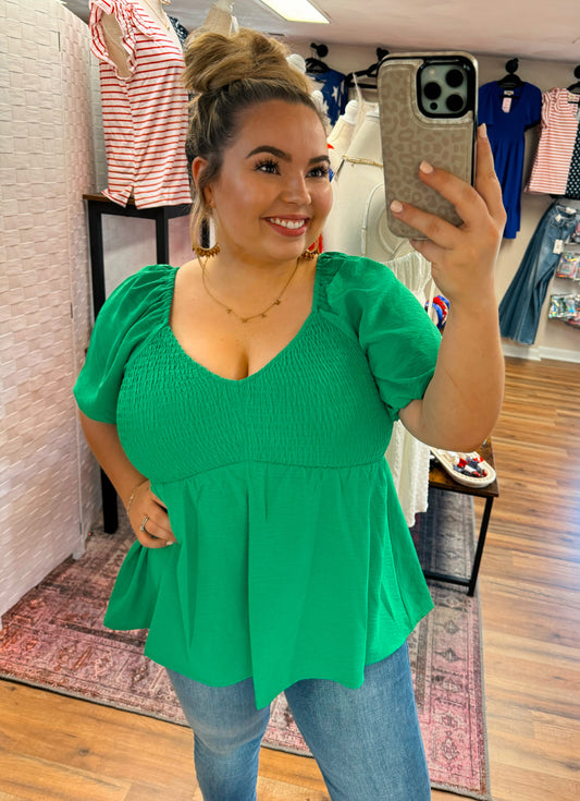 Kelly Green Smocked Baby Doll Top